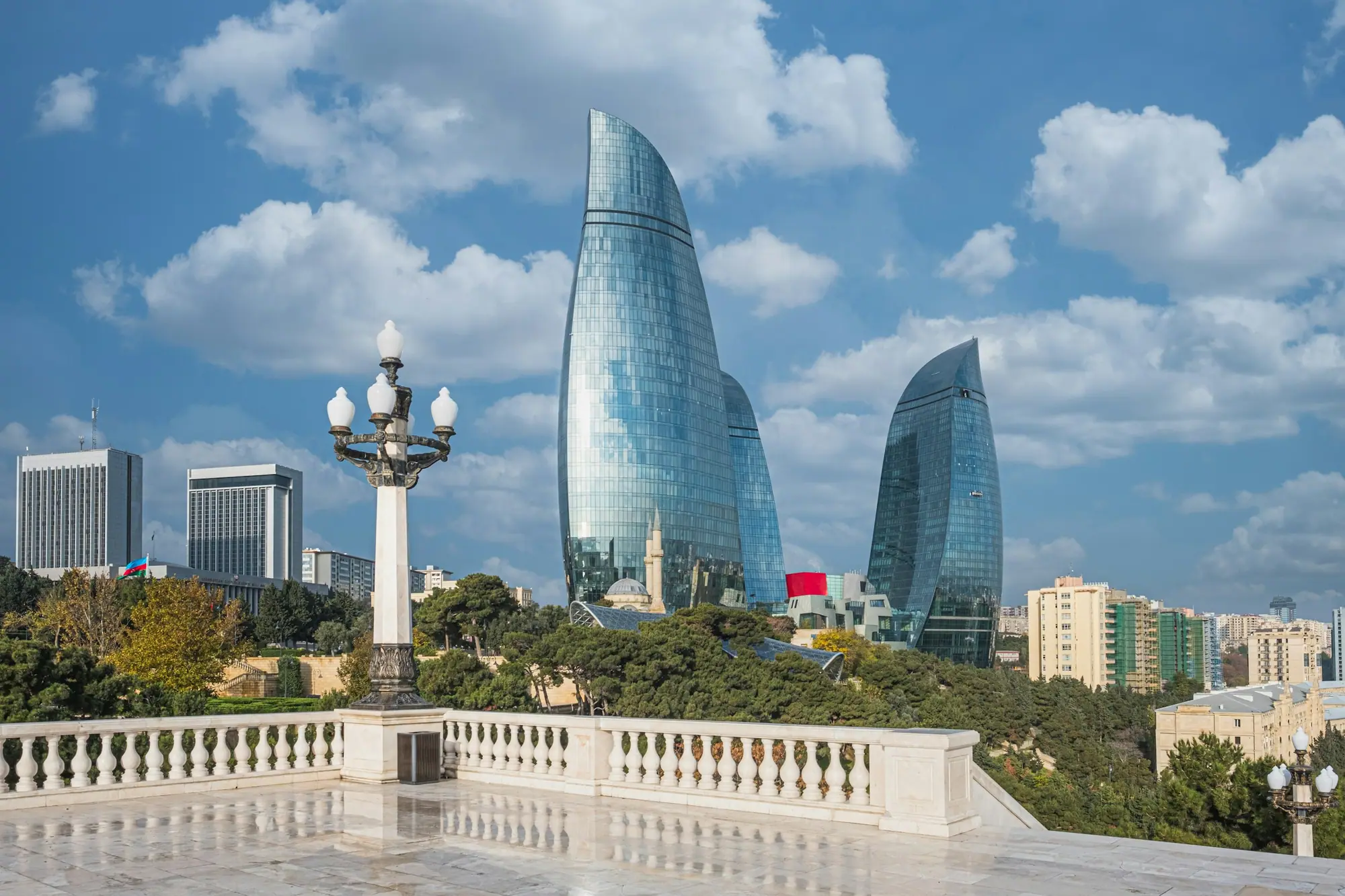 The Flame Towers of Baku above the Caspian waterfront