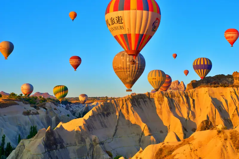 Hot air balloons over the rock valleys of Cappadocia, Turkey